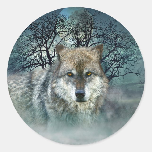 Wolf Vollmond in Nebel Runder Aufkleber (Vorderseite)