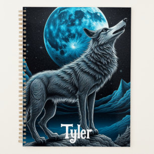 Wolf vor dem Vollmond stehend KI-Kunst Planer