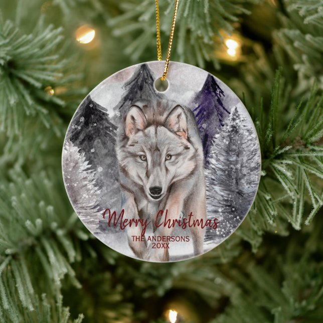 Wolf Watercolor in Dark Forest Weihnachtsschmuck (Baum)