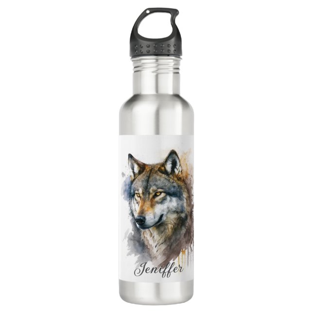 Wolf Watercolor Painting Edelstahlflasche (Vorderseite)