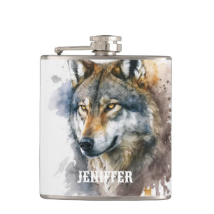 Wolf Watercolor Painting Flachmann