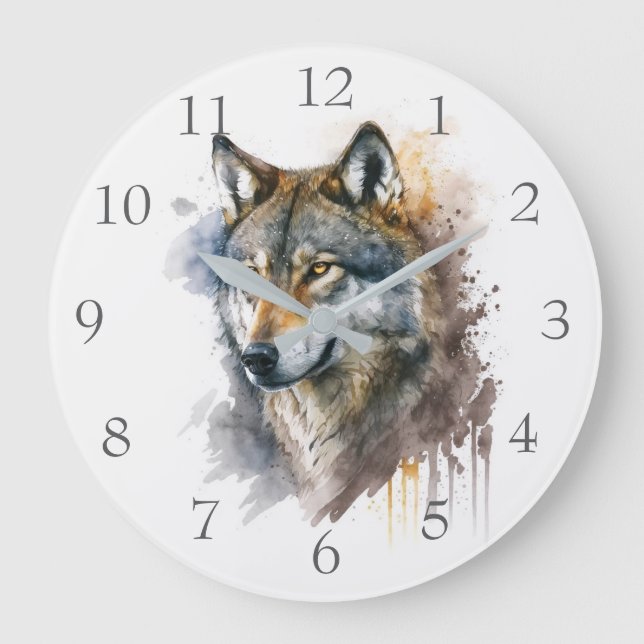 Wolf Watercolor Painting Große Wanduhr (Vorderseite)