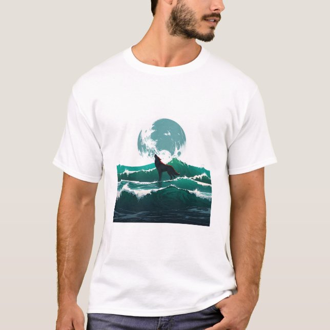Wolf Wave Art - Ukiyo-e Moonlight Design T-Shirt (Vorderseite)