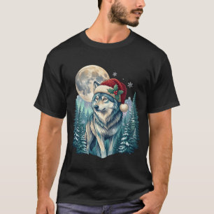Wolf Weihnachten Santa Hut Vollmond Kiefernwald T-Shirt