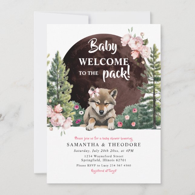Wolf Willkommen bei der Pack Floral Girl Babydusch Einladung (Vorderseite)