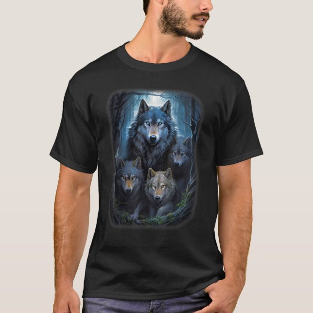 Wolf Wolves of Forest by Night Moon Fantasy Kunst, T-Shirt (Vorderseite)