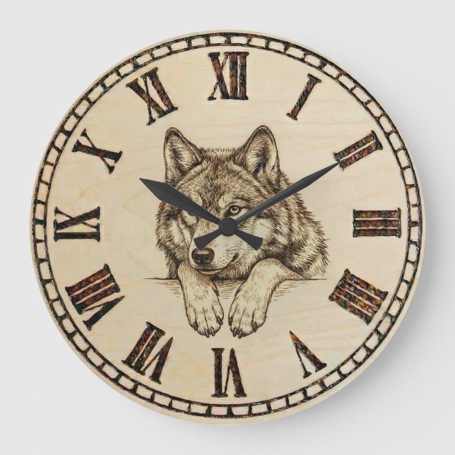 Wolf wooden wall clock  große wanduhr (Vorderseite)