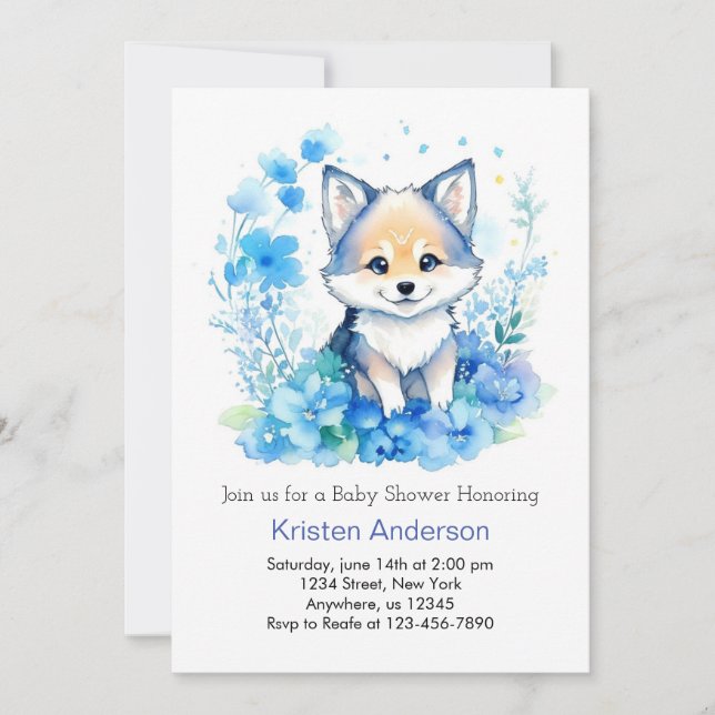 Wolf Woodland Blissful Watercolor Boy Babydusche Einladung (Vorderseite)