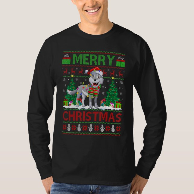 Wolf   Xmas Tree Lights Ugly Santa Wolf Christmas T-Shirt (Vorderseite)
