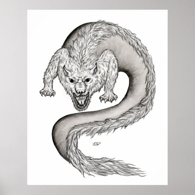 Wolfdrachen Schwarz-Weiß-Design Poster (Vorne)
