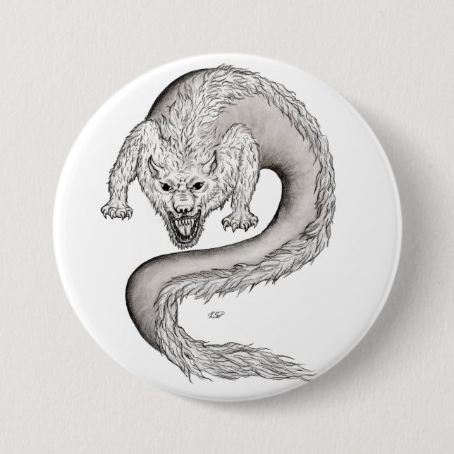 Wolfdragon Schwarzweiß Design Button (Vorderseite)