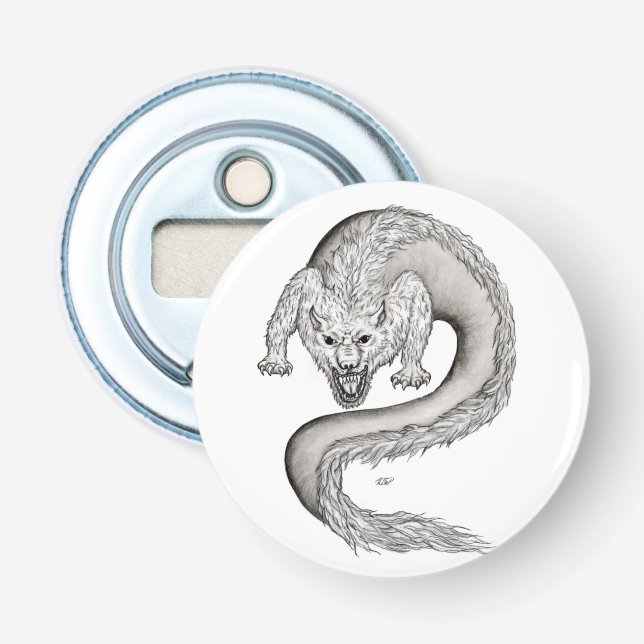 Wolfdragon Schwarzweiß-Design Flaschenöffner (Vorderseite)