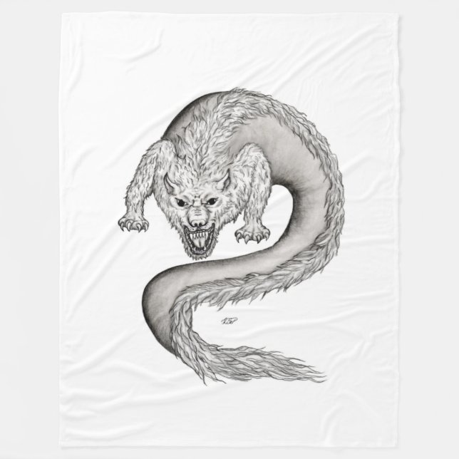 Wolfdragon Schwarzweiß-Design Fleecedecke (Vorderseite)