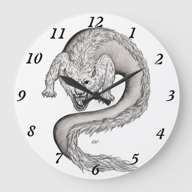 Wolfdragon Schwarzweiß-Design Große Wanduhr (Vorderseite)