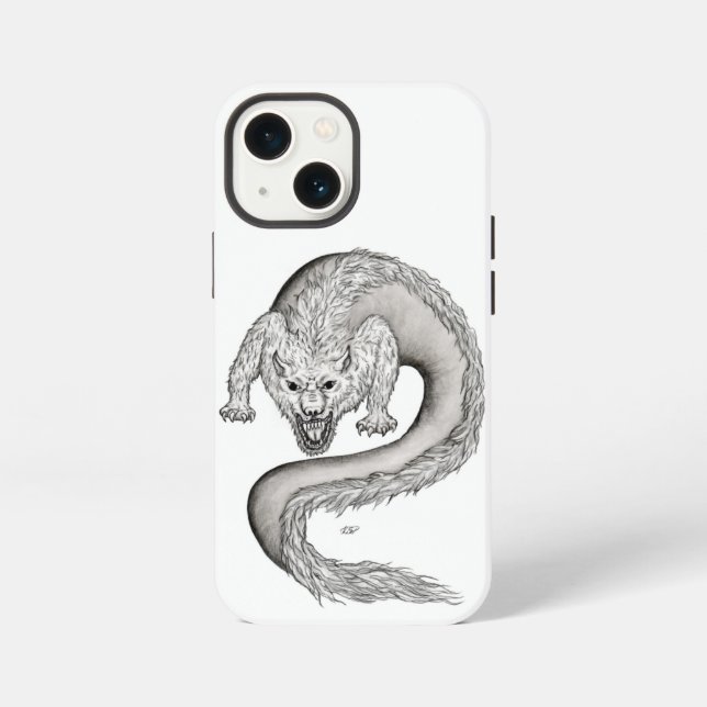 Wolfdragon Schwarzweiß-Design iPhone 13 Mini Hülle (Rückseite)