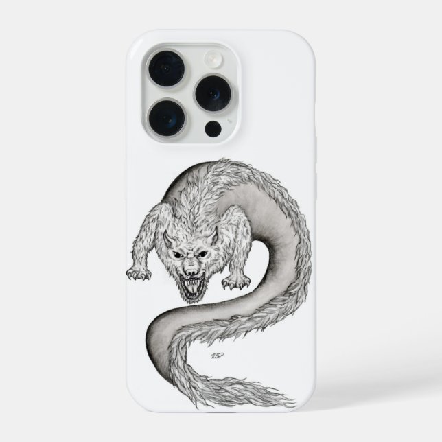 Wolfdragon Schwarzweiß Design iPhone 15 Pro Hülle (Rückseite)
