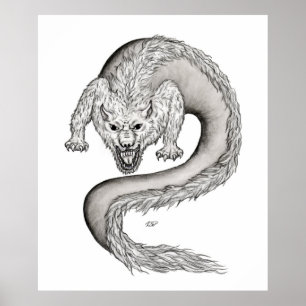 Wolfdragon Schwarzweiß-Design Poster