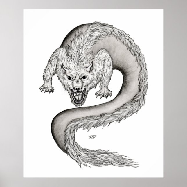 Wolfdragon Schwarzweiß-Design Poster (Vorne)