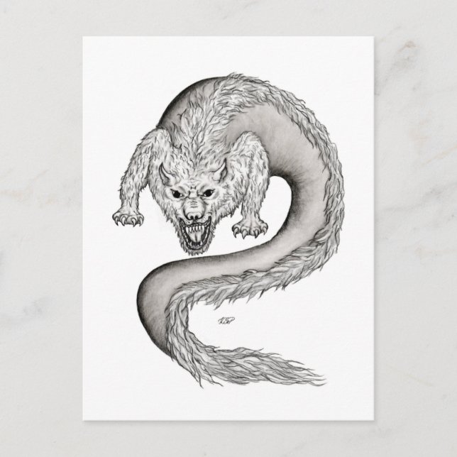 Wolfdragon Schwarzweiß-Design Postkarte (Vorderseite)