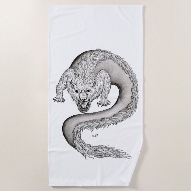 Wolfdragon Schwarzweiß-Design Strandtuch (Vorderseite)