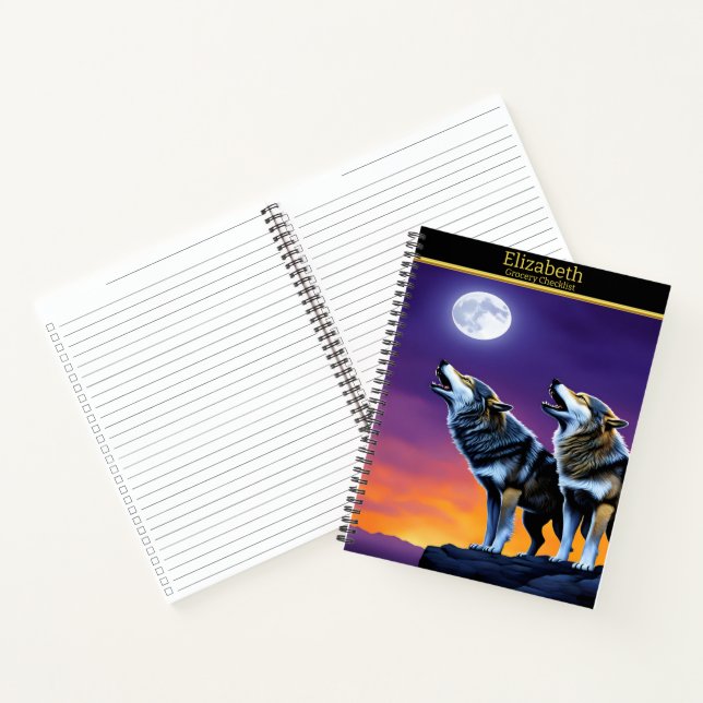 Wölfe, die den glühenden Mond in der Dämmerung bed Notizbuch (Innenseite)
