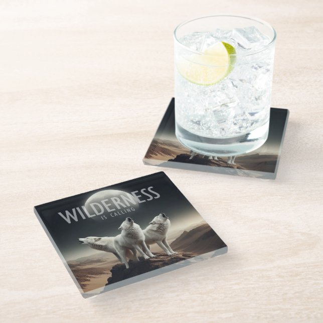 Wölfe Howling bei Vollmond Wilderness ruft Glasuntersetzer (Schrägansicht)
