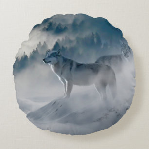 Wölfe im Nebel Rundes Kissen