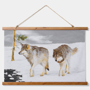 Wölfe im Schnee Gemälde - Originale Wildlife-Kunst Wandteppich Mit Holzrahmen