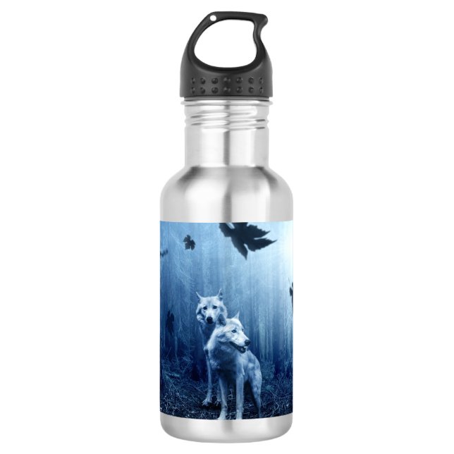 Wölfe im Wald bei Morgendämmerung Edelstahlflasche (Vorderseite)