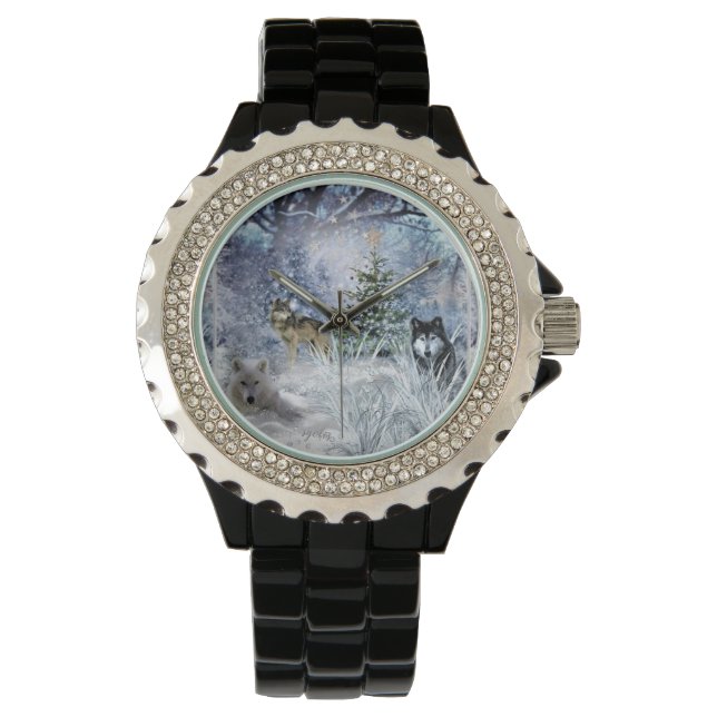 Wölfe im Winter Wunderland Weihnachtsbaum Watch Armbanduhr (Vorderseite)
