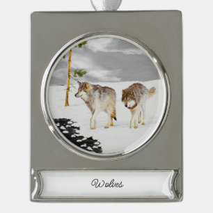 Wölfe in der Schneemalerei - Original Wildlife Art Banner-Ornament Silber