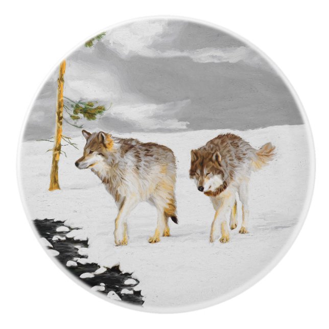 Wölfe in der Schneemalerei - Original Wildlife Art Keramikknauf (Vorderseite)