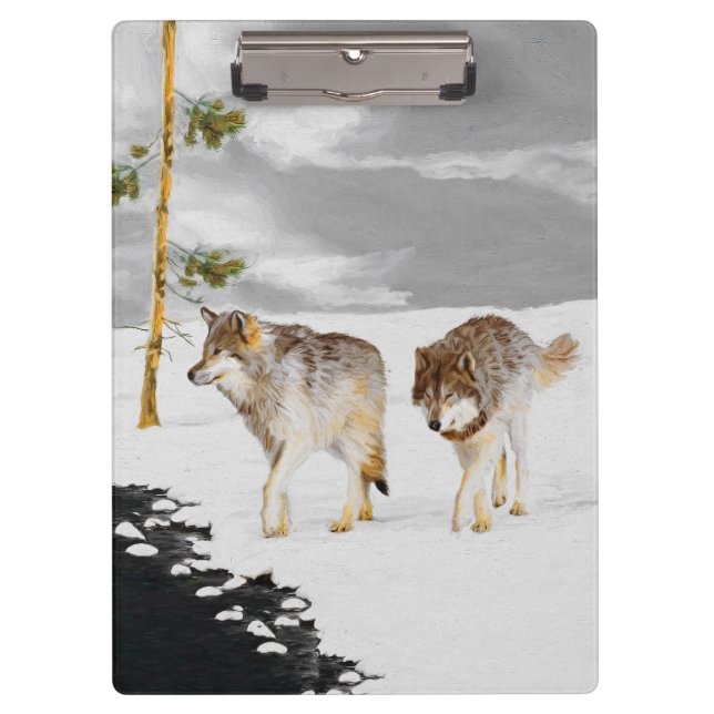 Wölfe in der Schneemalerei - Original Wildlife Art Klemmbrett (Vorderseite)