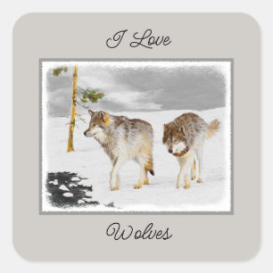 Wölfe in der Schneemalerei - Original Wildlife Art Quadratischer Aufkleber