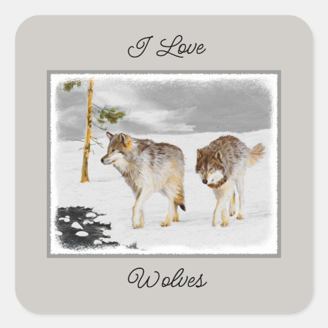 Wölfe in der Schneemalerei - Original Wildlife Art Quadratischer Aufkleber (Vorderseite)