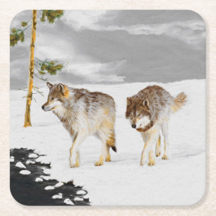 Wölfe in der Schneemalerei - Original Wildlife Art Rechteckiger Pappuntersetzer