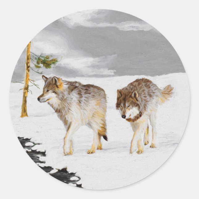 Wölfe in der Schneemalerei - Original Wildlife Art Runder Aufkleber (Vorderseite)