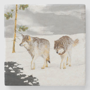 Wölfe in der Schneemalerei - Original Wildlife Art Steinuntersetzer