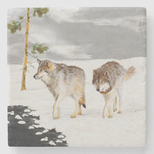Wölfe in der Schneemalerei - Original Wildlife Art Steinuntersetzer (Vorderseite)
