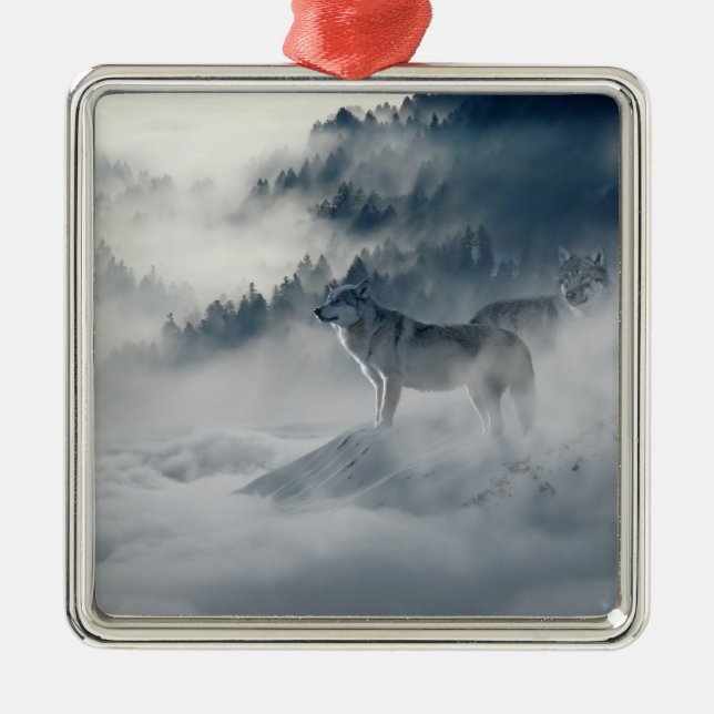 Wölfe in einer Winterlandschaft Keramik Ornament Aus Metall (Vorne)
