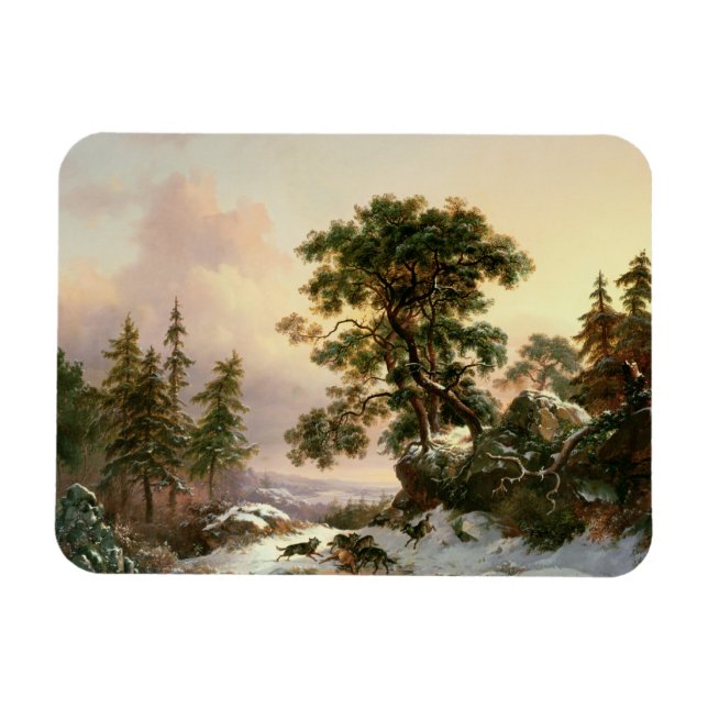 Wölfe in einer Winterlandschaft (Öl auf Tafel) Magnet (Horizontal)