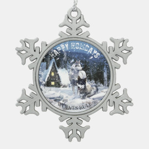 Wölfe in märchenhafter SchneeWinternachtslandschaf Schneeflocken Zinn-Ornament