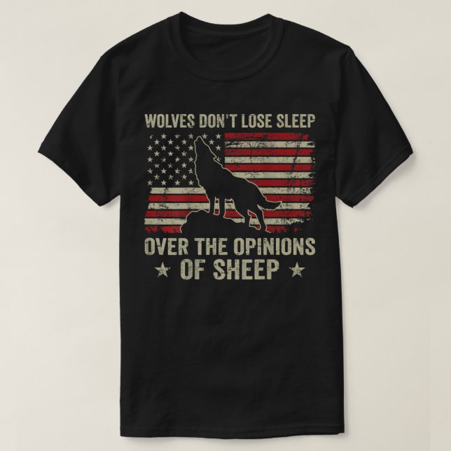 Wölfe schlafen nicht über die Ansichten der Schafe T-Shirt (Design vorne)