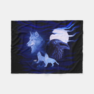 Wölfe und Rabe bei Vollmond Fleecedecke