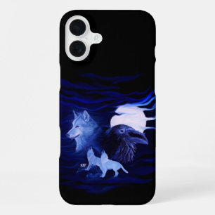 Wölfe und Rabe bei Vollmond iPhone 16 Plus Hülle
