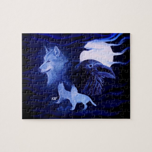 Wölfe und Raven mit Vollmond (Horizontal)
