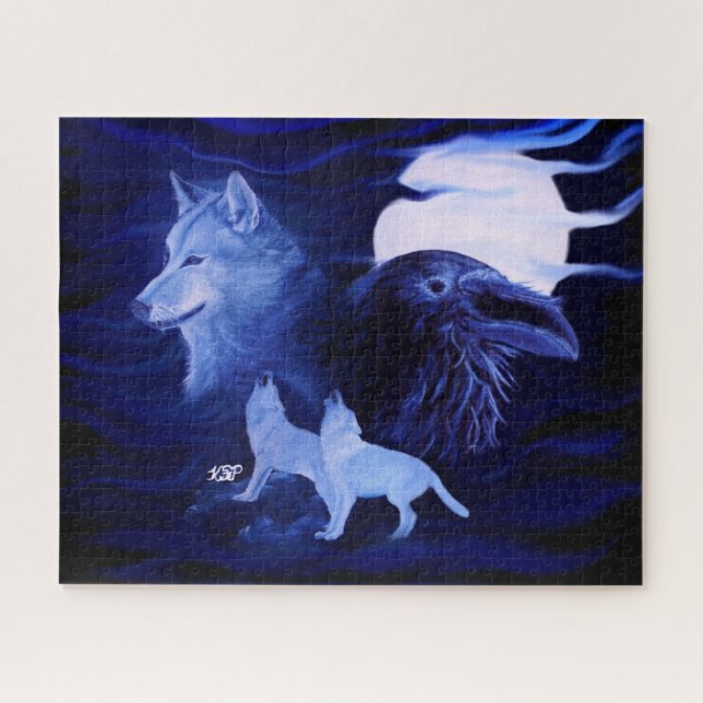 Wölfe und Raven mit Vollmond (Horizontal)