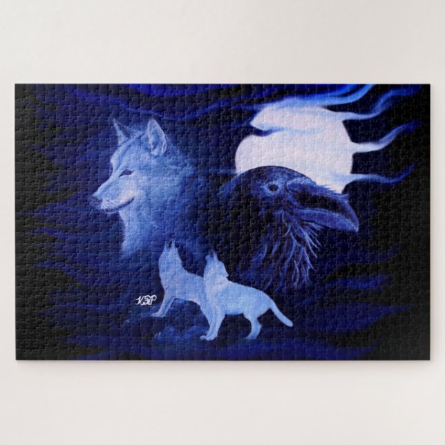 Wölfe und Raven mit Vollmond (Horizontal)