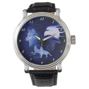 Wölfe und Raven mit Vollmond Armbanduhr