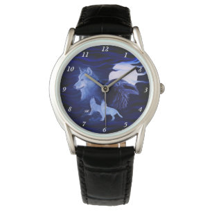 Wölfe und Raven mit Vollmond Armbanduhr